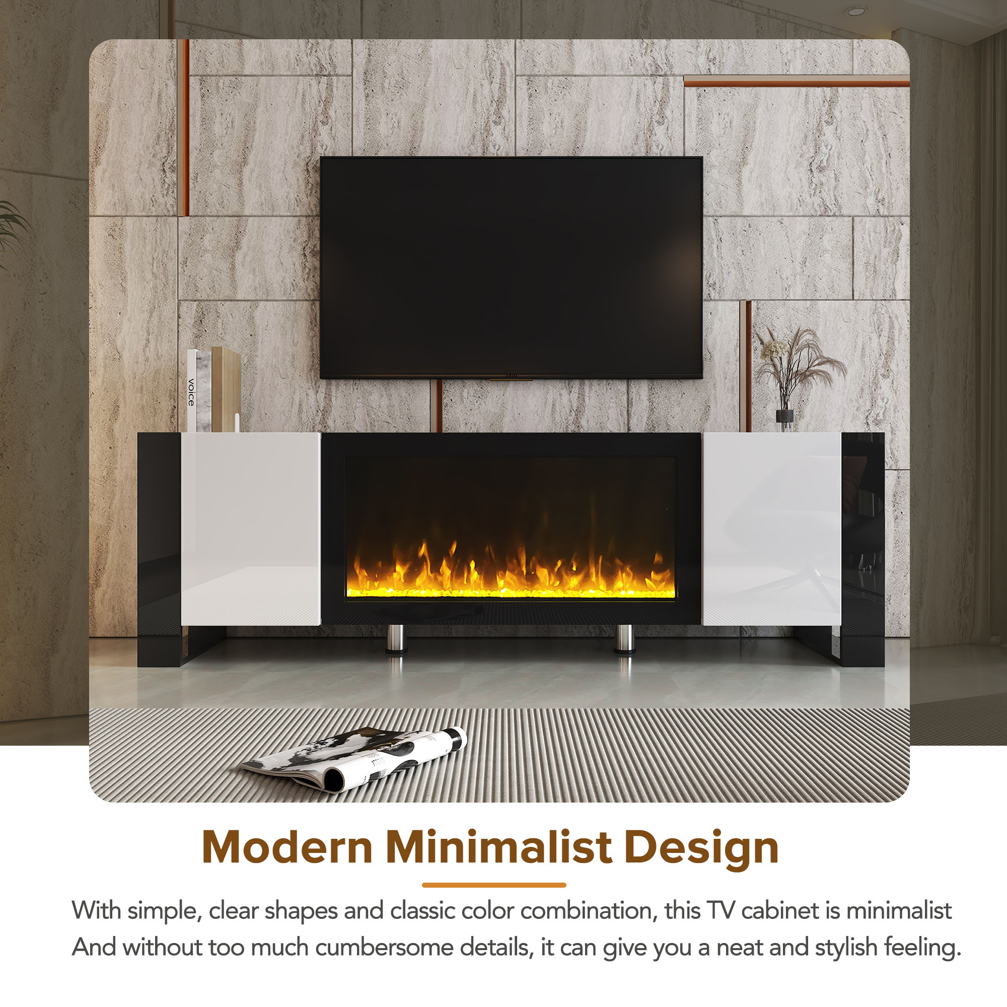 ON-TREND Modern TV Stand With 34.2 Non-heating Electric Fireplace, High Gloss Entertainment Center With 2 Cabinets, Media Console For TVs Up To 78, White