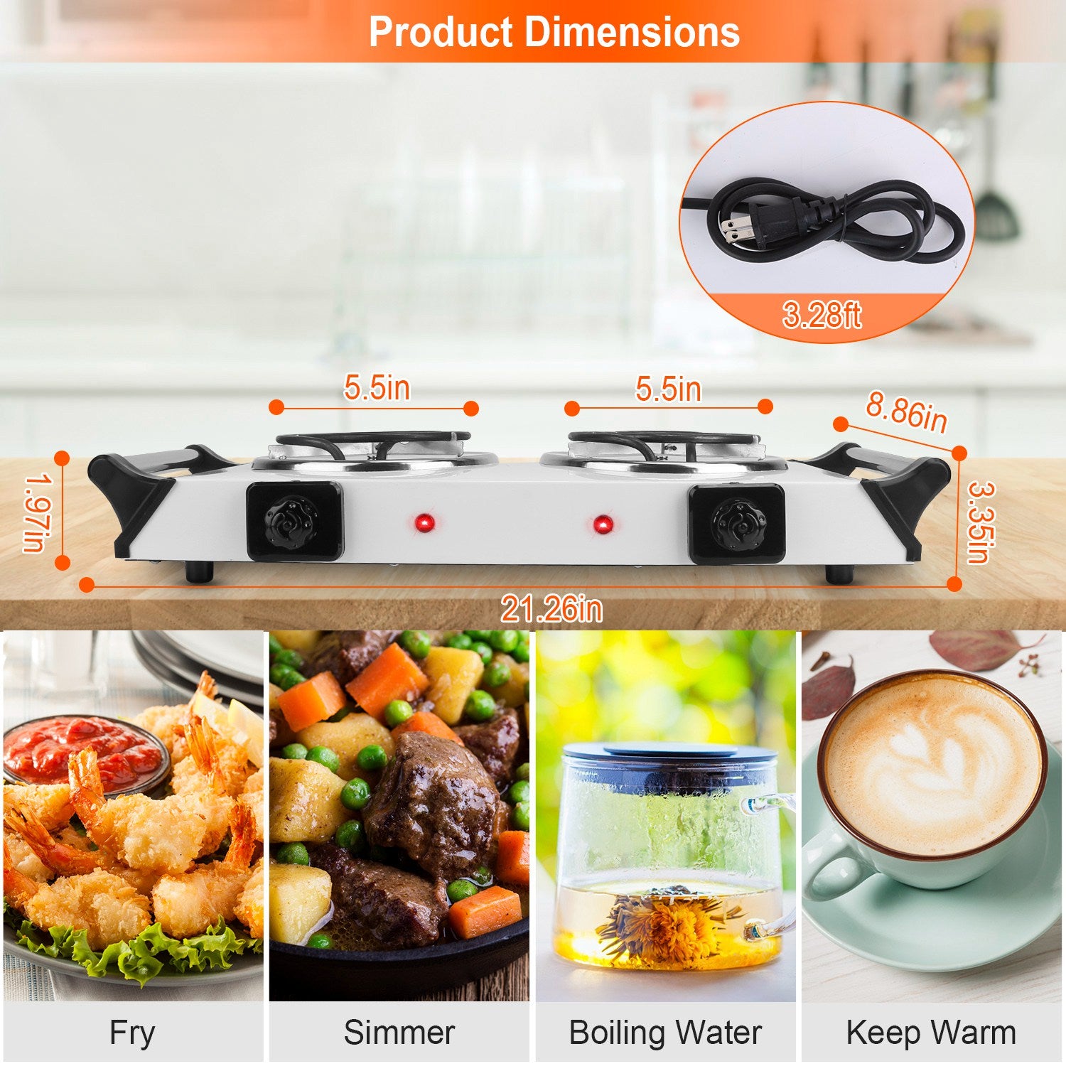 2000W Electric Dual Burner Portable Coil Heating Hot Plate Stove Countertop RV Hotplate With 5 Temperature Adjustments Portable Handles For Food Preparation