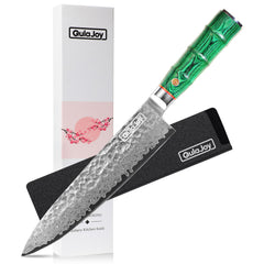 Qulajoy Japanese Chef Knife 8 Inch,67 Layers Damascus VG-10 Steel Core,Professional Hammered Kitchen Knife,Handcrafted With Ergonomic Bamboo Shape Handle