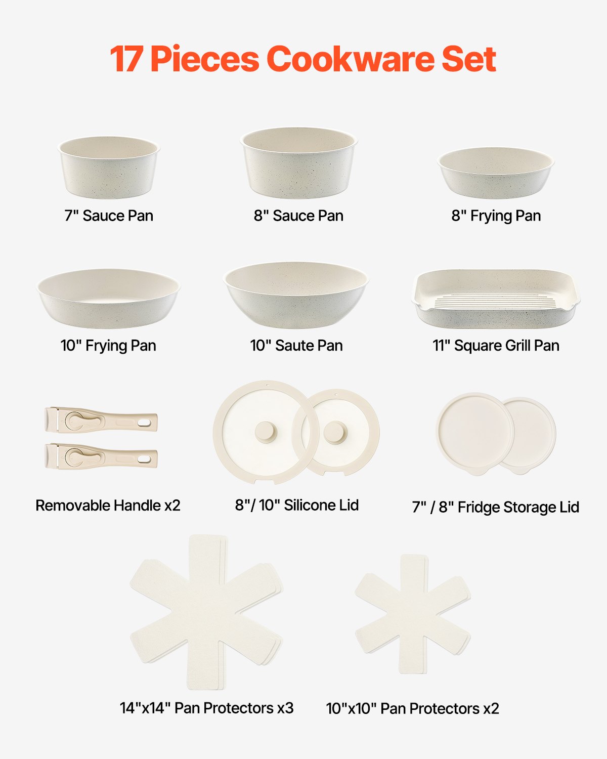 17 Piece Pots And Pans Set Granite Nonstick Kitchen Cookware Induction White