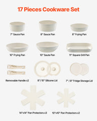 17 Piece Pots And Pans Set Granite Nonstick Kitchen Cookware Induction White