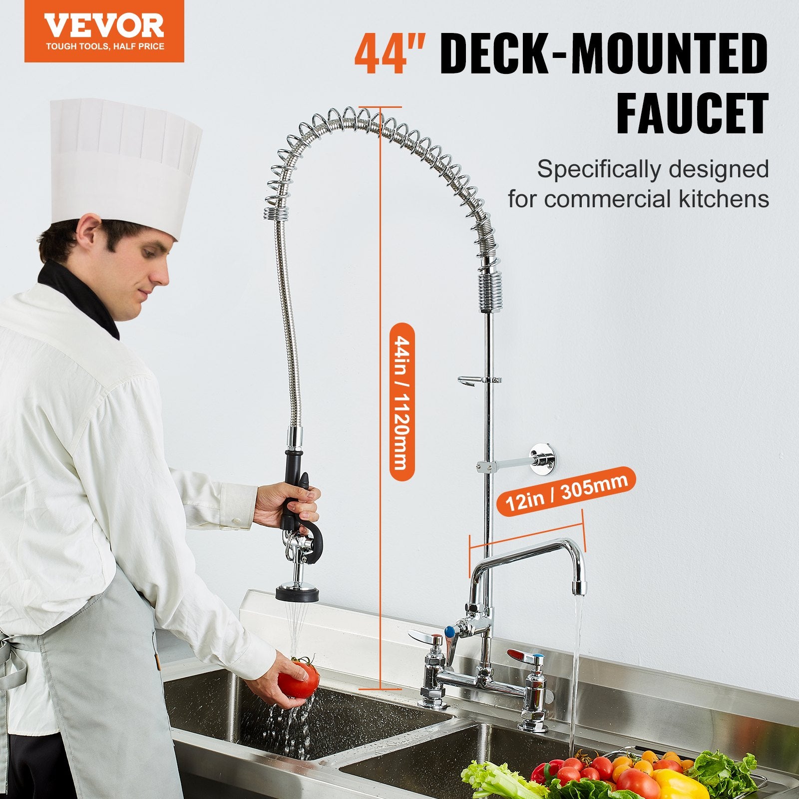 Commercial Faucet With Pre-Rinse Sprayer, 44' Height, 8' Center, 12' Swing Spout, Deck Mount Kitchen Sink Faucet, Brass Constructed Device With Pull Down Spray, For 1/2/3 Compartment Sink