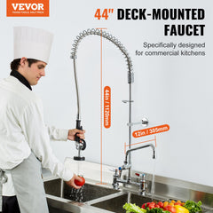Commercial Faucet With Pre-Rinse Sprayer, 44' Height, 8' Center, 12' Swing Spout, Deck Mount Kitchen Sink Faucet, Brass Constructed Device With Pull Down Spray, For 1/2/3 Compartment Sink
