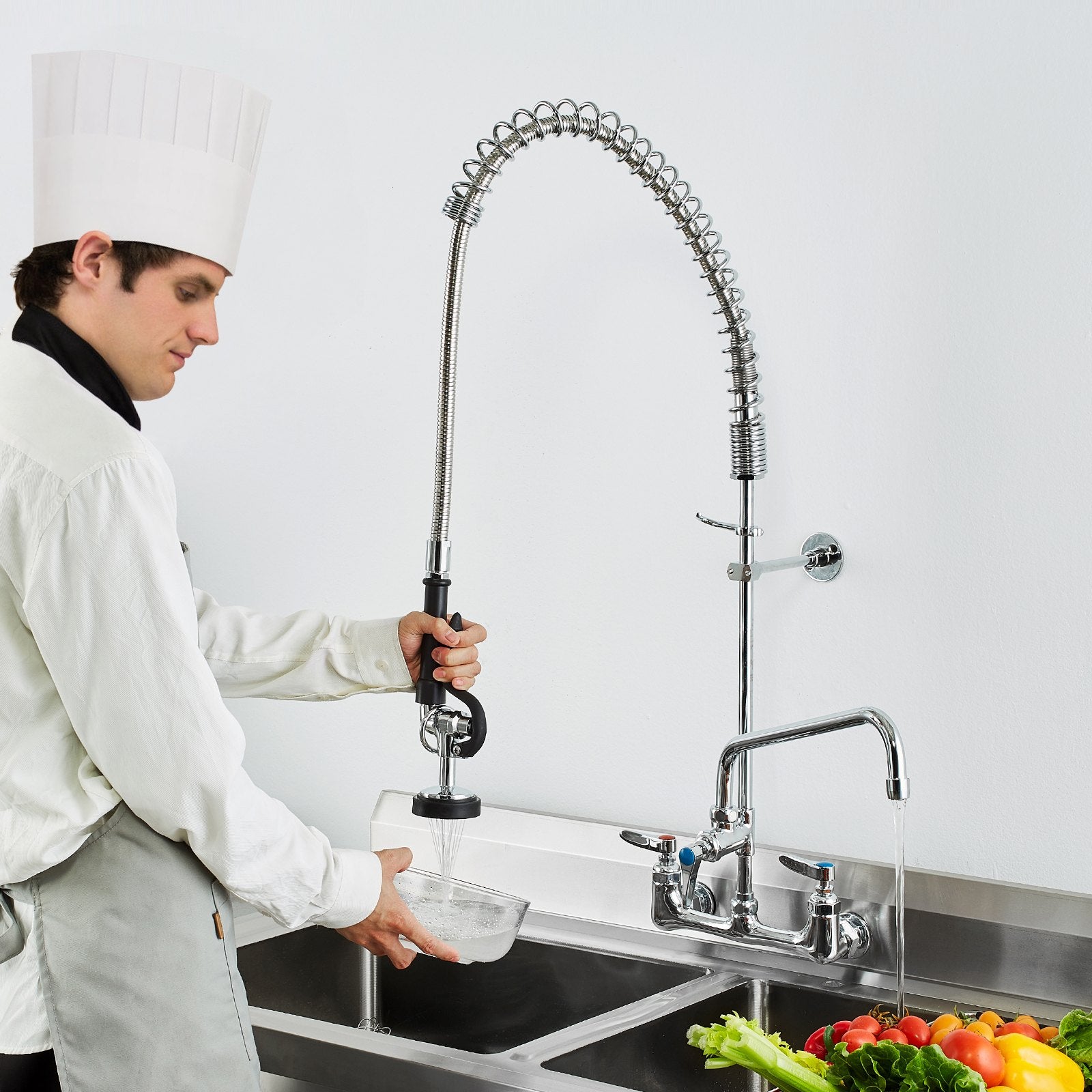 Commercial Faucet With Pre-Rinse Sprayer, 36' Height, 8' Center, 12' Swing Spout, Wall Mount Kitchen Sink Faucet, Brass Constructed Device With Pull Down Spray, For 1/2/3 Compartment Sink
