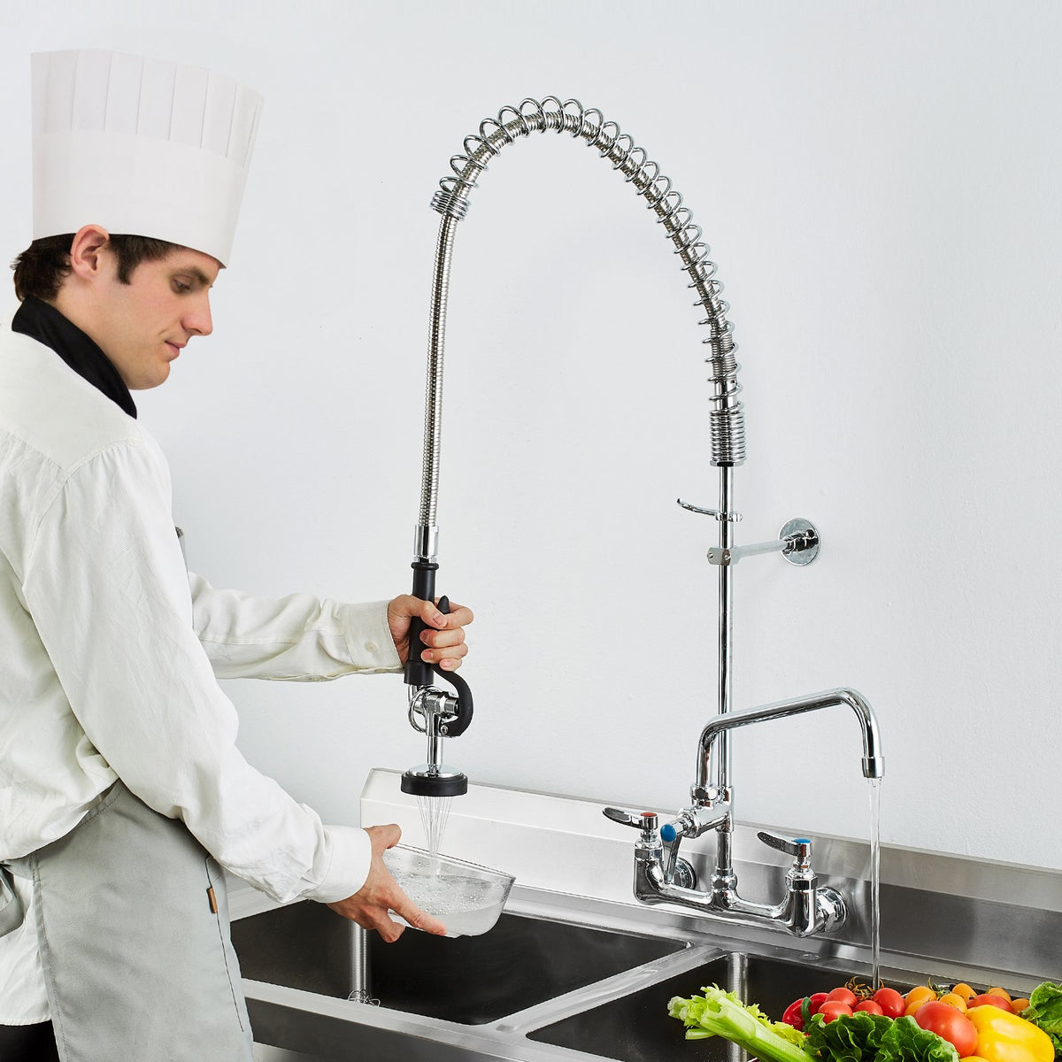 Commercial Faucet With Pre-Rinse Sprayer, 36' Height, 8' Center, 12' Swing Spout, Wall Mount Kitchen Sink Faucet, Brass Constructed Device With Pull Down Spray, For 1/2/3 Compartment Sink
