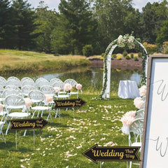 4 Pieces Wedding This Way Sign With Stake Black Golden Arrow Shaped Garden Signs Double Sided Corrugated Plastic Wedding Road Sign