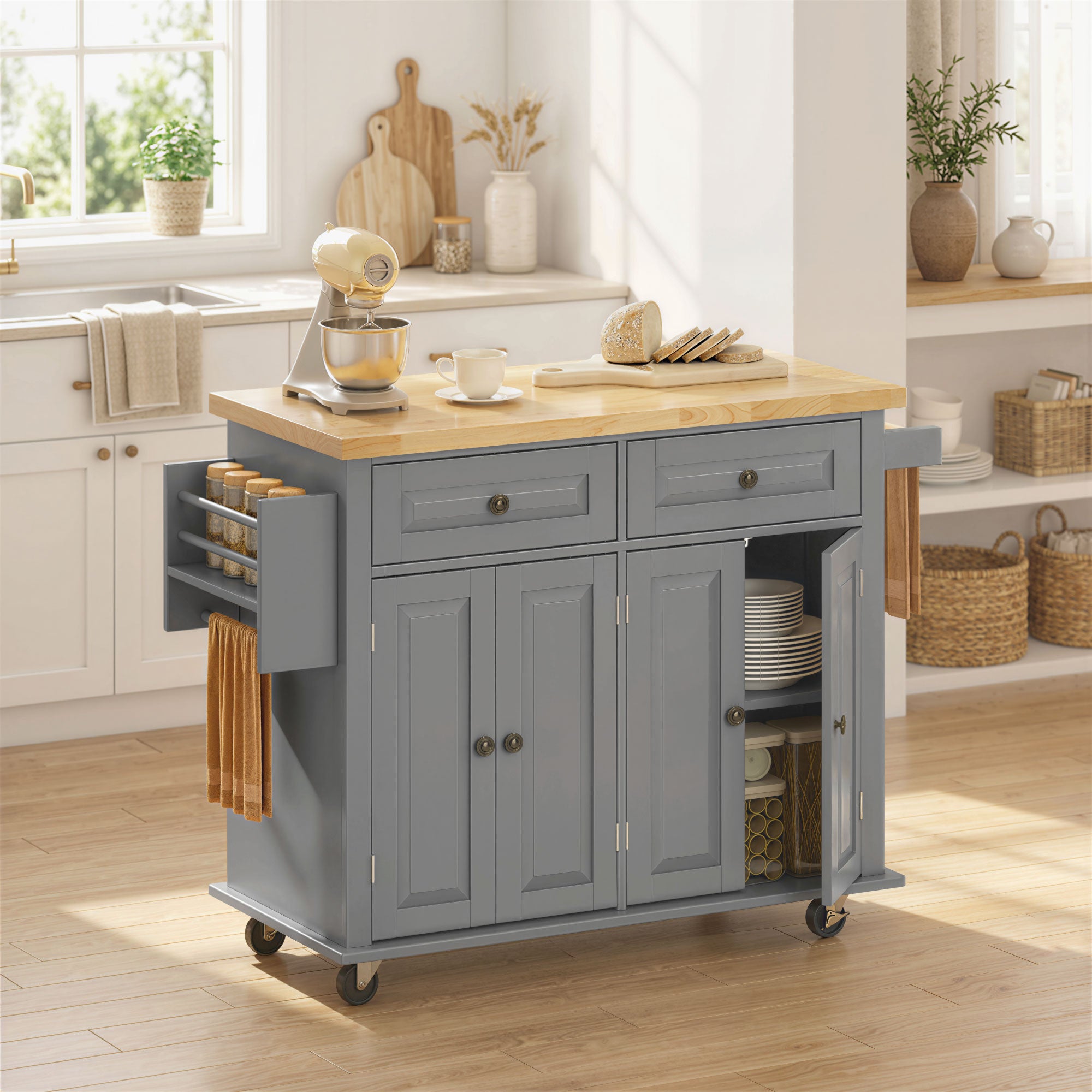 Kitchen Island Cart with Rubber Wood Top, Rolling Kitchen Island Table on Wheels with Drawers, Adjustable Shelves, Spice Rack and Towel Rack for Dining Room, Gray