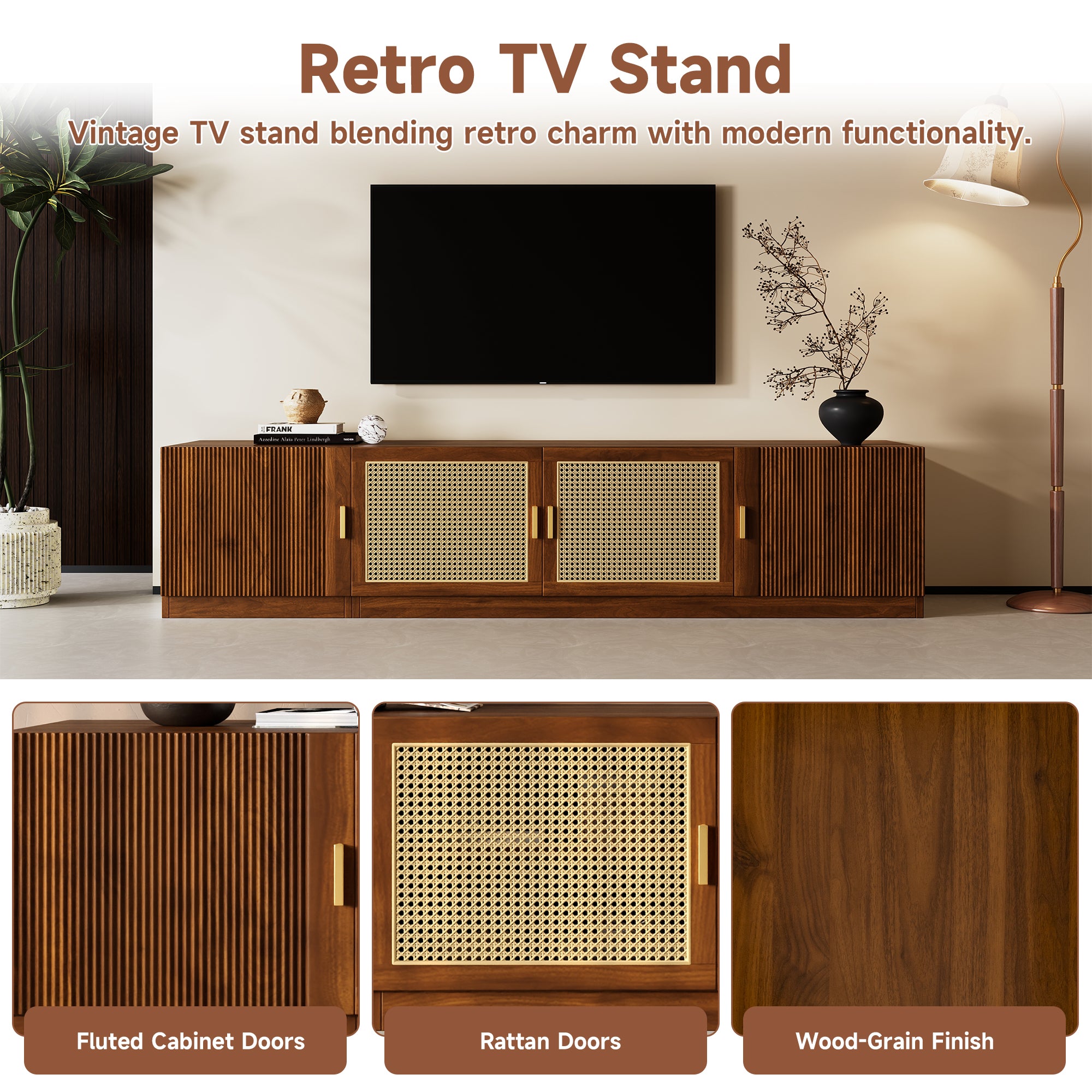 78 TV Stand For TVs Up To 85, TV Console For Living Room, Media Console With Rattan Doors, Adjustable Shelf TV Stand For Bedroom
