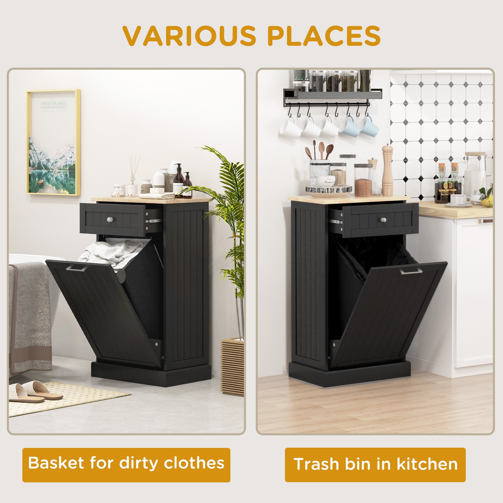 Kitchen Tilt Out Trash Bin Cabinet Free Standing Recycling Cabinet Trash Can Holder With Drawer, Black