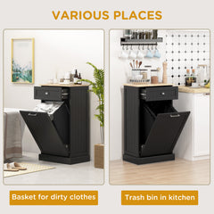 Kitchen Tilt Out Trash Bin Cabinet Free Standing Recycling Cabinet Trash Can Holder With Drawer, Black
