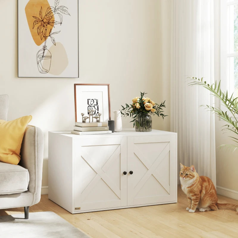 PawHut Cat Litter Box Enclosure With Barn Door, Cat Hole, White