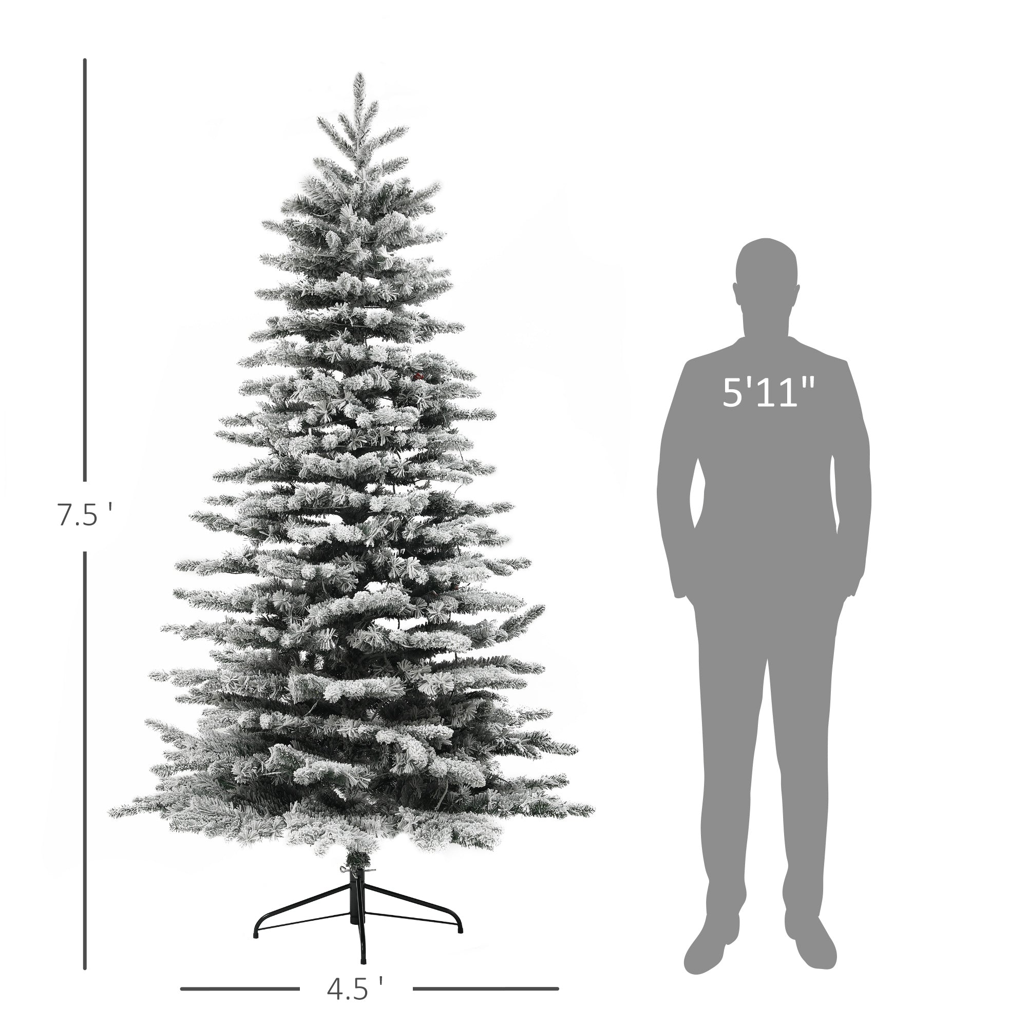 HOMCOM 7.5 Ft Pre-Lit Mountain Pine Artificial Christmas Tree, Snow Flocked Christmas Tree, Hinged Xmas Tree With 500 LED Lights And 1264 Branch Tips For Holiday Party Decoration, Green