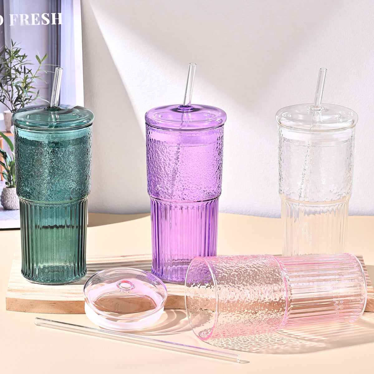 20 Oz 2-pack Glass Straw Cup With Vertical Pattern Cup And Lid, High Borosilicate Heat-resistant Glass Cup For Juice, Milk And Cold Drinks