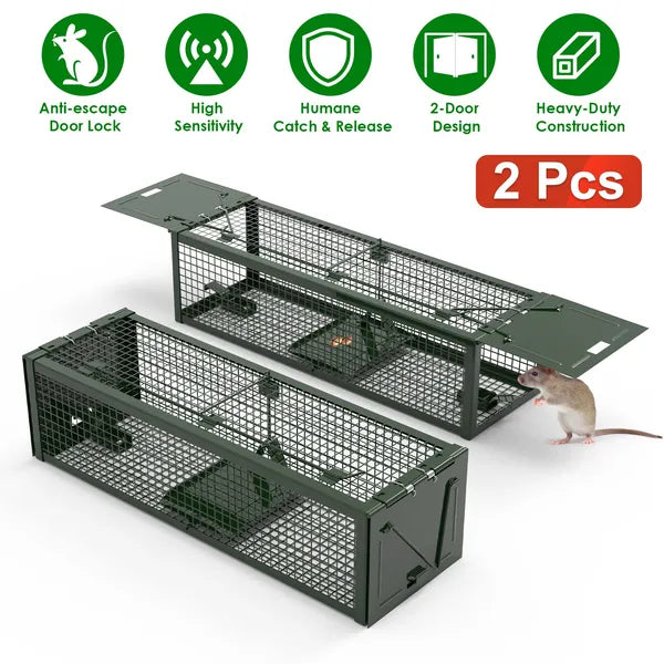 2Pack 15.35x4.72x3.94in 2-Door Humane Live Rat Trap Galvanized Iron Rodent Trap Cage Reusable For Home Garden Farm Warehouse