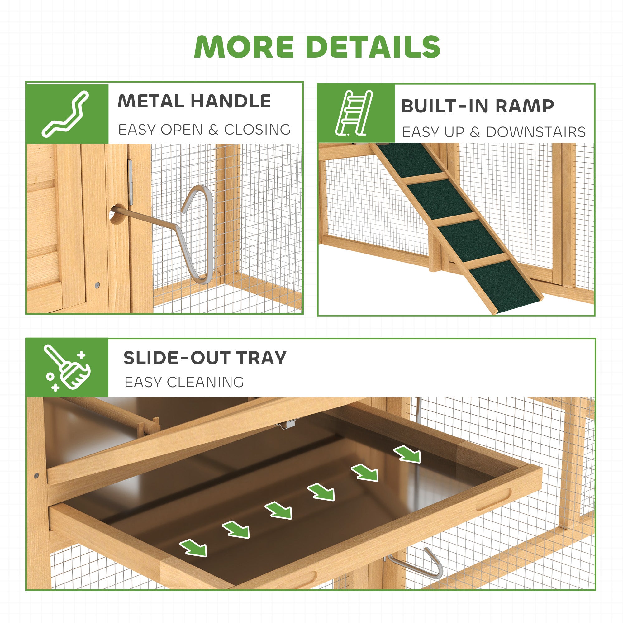 75" Wooden Chicken Coop with Nesting Box, Removable Tray, Ramp Run, for Garden Backyard, Natural Wood