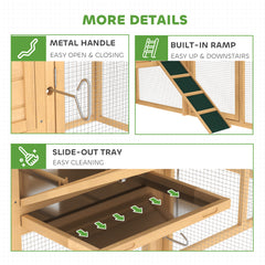 75" Wooden Chicken Coop with Nesting Box, Removable Tray, Ramp Run, for Garden Backyard, Natural Wood