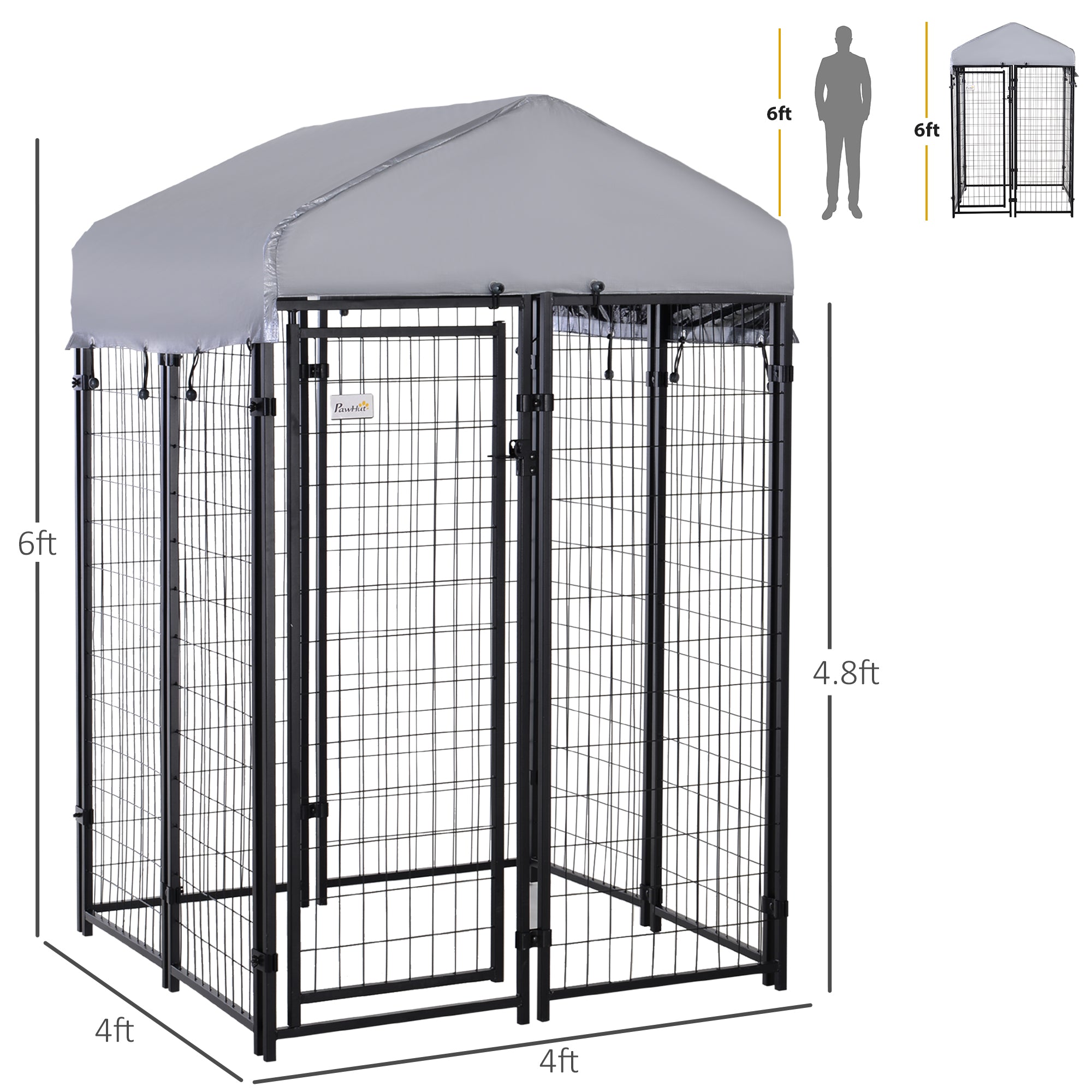 Outdoor Dog Kennel with Roof, 4' x 4' x 6' Heavy Duty Welded Wire Dog Playpen Enclosure with Escape-proof Lock, UV-Resistant & Waterproof Cover, for Medium Dogs, Chickens, Ducks, Silver