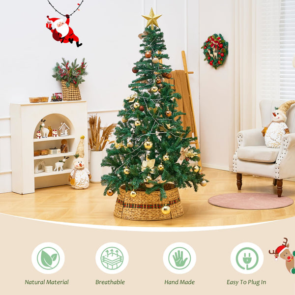 Handcrafted Woven Hyacinth Wicker Christmas Tree Collar - Rattan Xmas Tree Skirt & Stand Base Cover (XmasRibbon, 24 In)