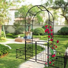 Metal Garden Arch With Gate 79.5'' Wide X 86.6'' High Climbing Plants Support Rose Arch Outdoor Black