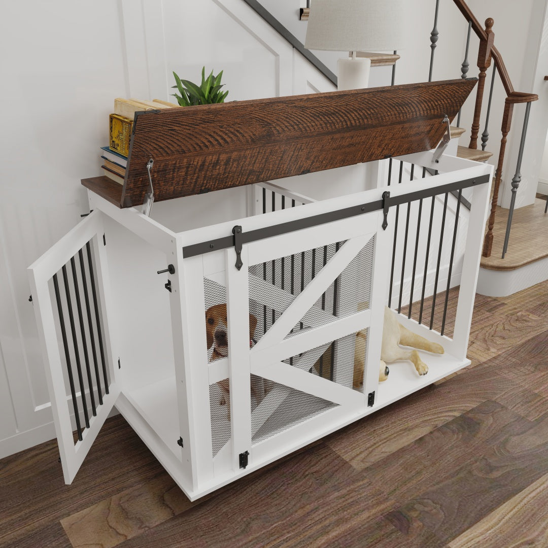47.2 Mobile Dog Crate With Flip-Top Feeding Door, Dual-Access & 5 Caster System 2 Locking, Side Hooks - Multi-Functional Pet Kennel,double Dog Crate Furniture