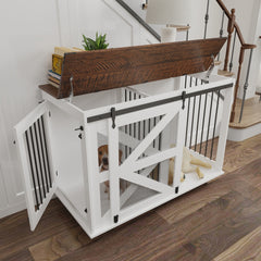 47.2 Mobile Dog Crate With Flip-Top Feeding Door, Dual-Access & 5 Caster System 2 Locking, Side Hooks - Multi-Functional Pet Kennel,double Dog Crate Furniture