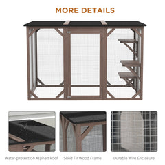 Outdoor Cat House, Catio Wooden Feral Cat Shelter, Cat Cage with Platforms, Large Enter Door, Weather Protection Asphalt Roof, 71" L, Brown