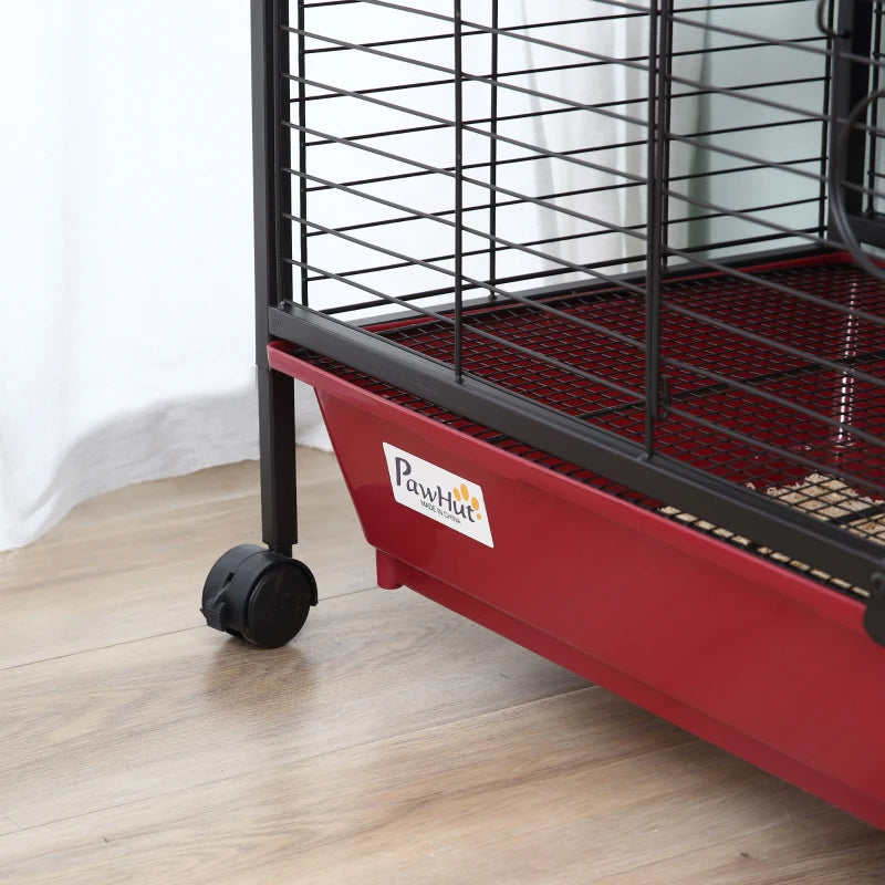 PawHut 41L Small Animal Cage, Pet Play House For Rabbit Hutch Ferret With Feeder, Rolling Wheels, Platform, Ramp