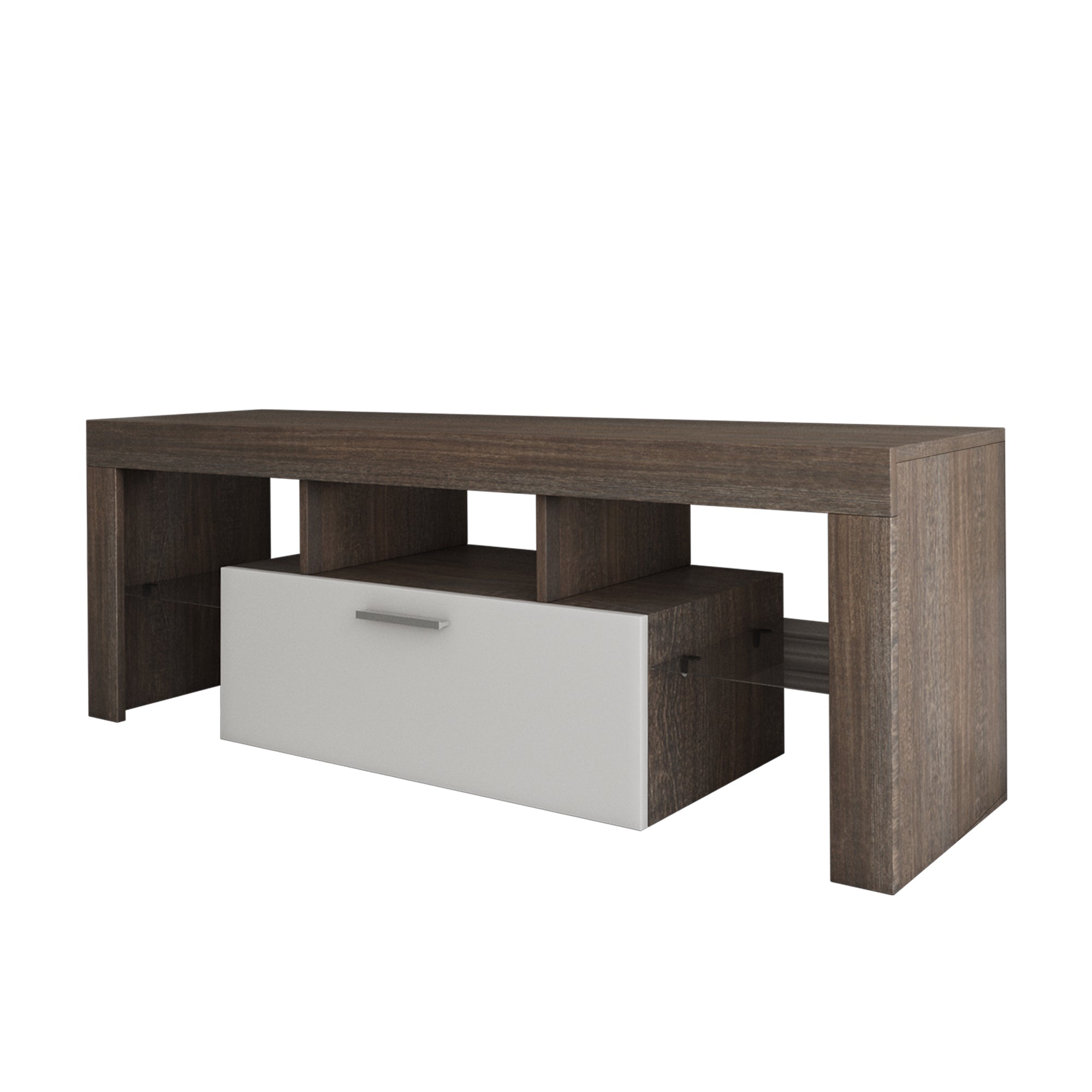 20 Minutes Quick Assembly Brown Simple Modern TV  Stand With The Toughened Glass Shelf Floor Cabinet Floor TV Wall Cabinet Brown  WhiteTV Bracket  With LED Color Changing Lights For Living Room