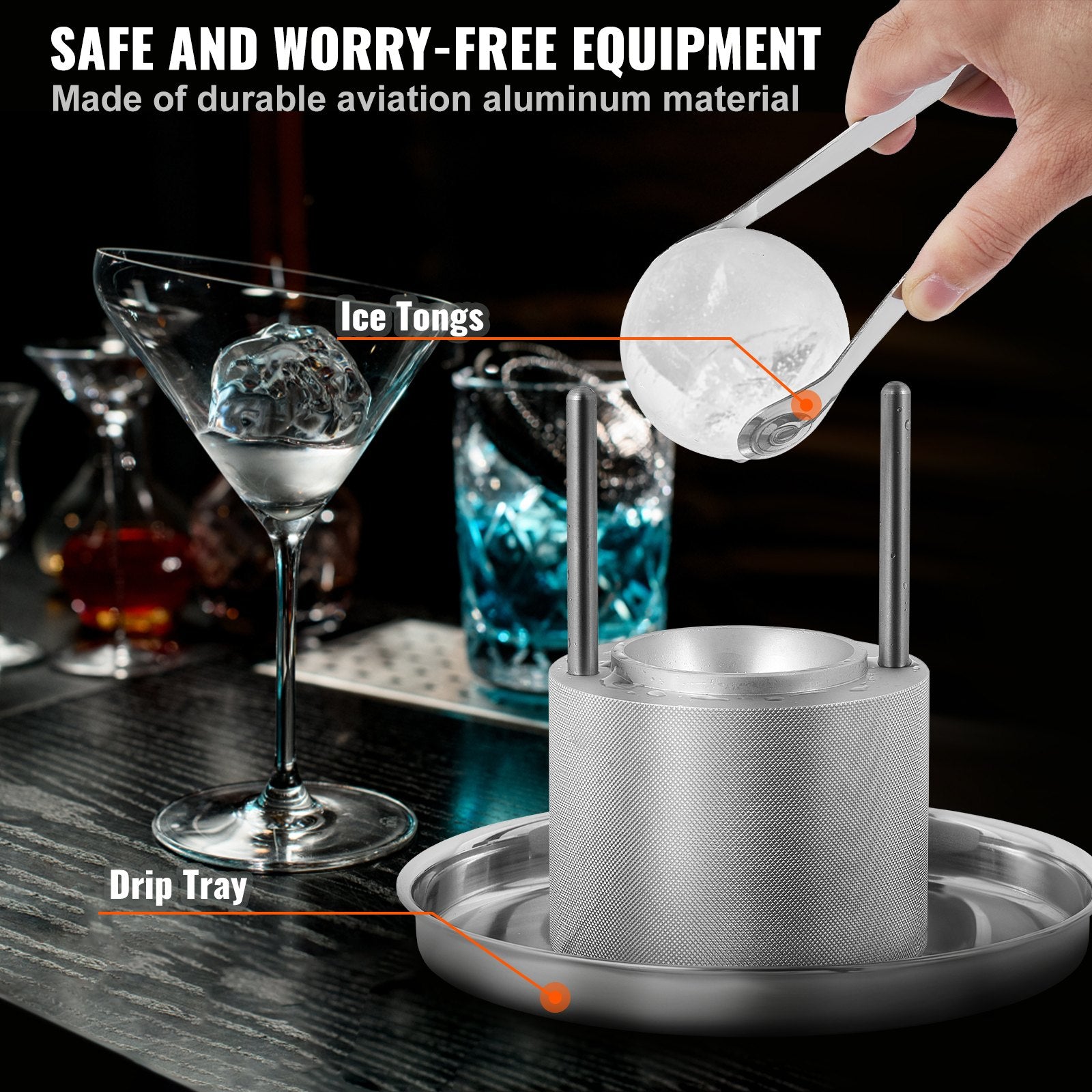 Ice Ball Press, 2.4' Ice Ball Maker, Aircraft Al Alloy Ice Ball Press Kit For 60mm Ice Sphere, Ice Press With Tong And Drip Tray, For Whiskey, Cocktail, Bourbon, Scot On Party & Holiday, Silver
