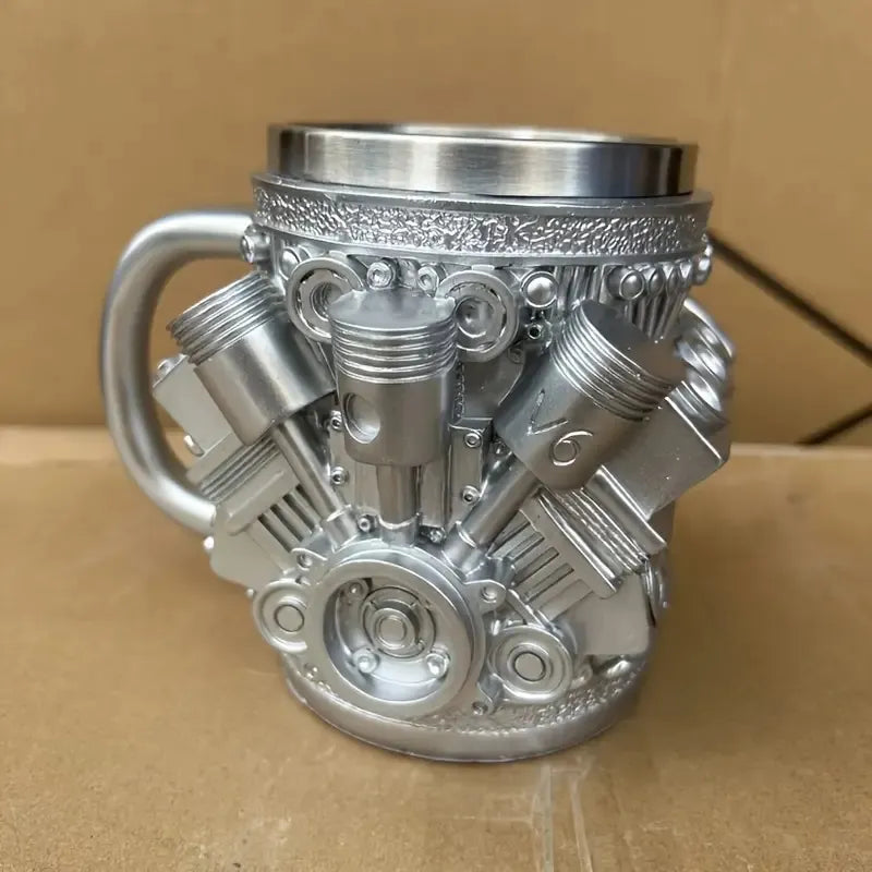 V6/V8 Engine Design Mug - Heavy-Duty Metal Construction, Double-Wall Insulated Cup With Non-Slip Grip - Vintage Automotive Beer Cup, Coffee Mug Gift For Car Guys (Father's Day, Christmas, Birthday) -