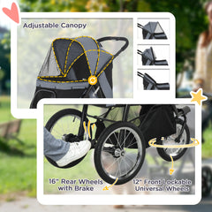 3 Wheels Pet Stroller for Small Dogs and Medium Dogs with Adjustable Canopy, Safety Tether, Storage Basket, Gray