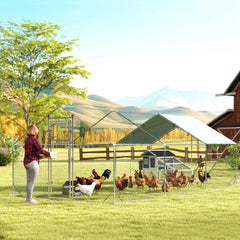 Metal Chicken Run w/ Waterproof & Anti-UV Cover, Feeding Door, Hanging Feeder, for 18-24 Chickens, 9.8' x 19.7' x 6.4'