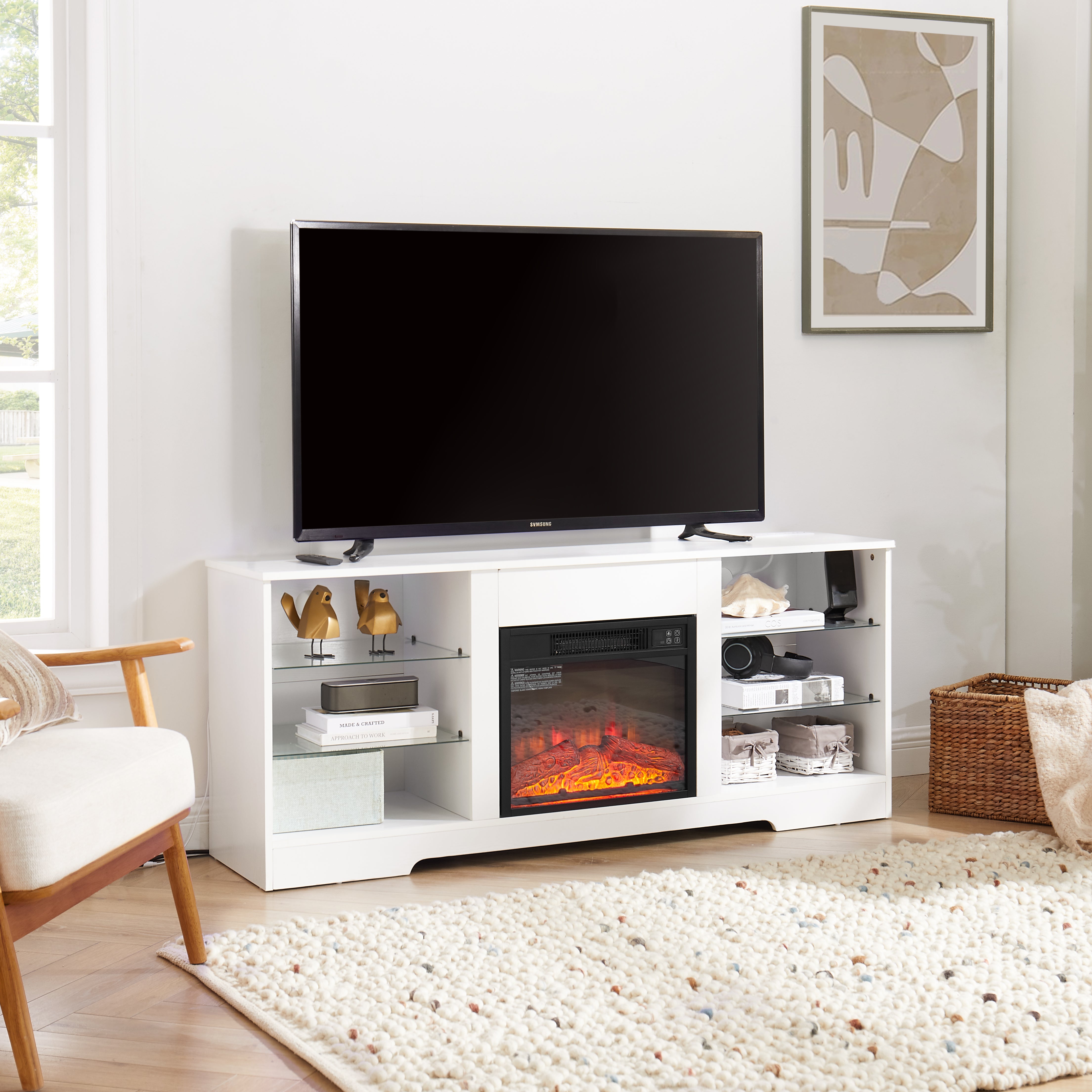 TV Stand Electric Fireplace  Glass Shelves, 3D Fireplace TV Stand With LED Lights Wood With USB Charging Outlet Modern Television Table Center For TV Up To 62 White, 58Wx15.5Dx24.4