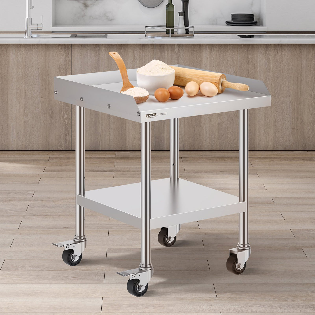 Stainless Steel Work Table, 24 X 24 X 30 Inch Commercial Food Prep Worktable With 4 Wheels, Casters, 3-Sided Backsplash Heavy Duty Prep Worktable, Metal Work Table For Restaurant Home Hotel