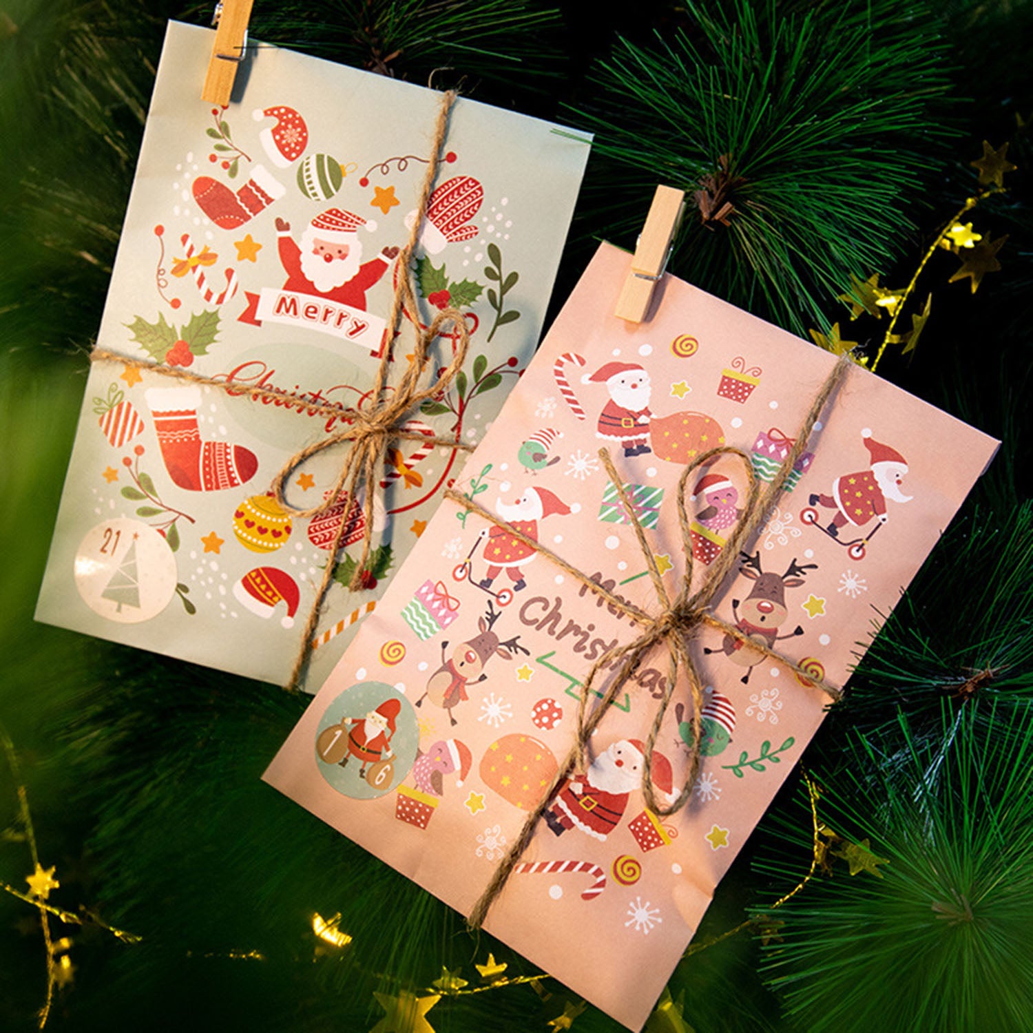 48 Pack Christmas Advent Calendar Bags Kit Envelope Shape Paper Gift Bags With Advent Numbers Stickers Clips And Rope Santa Claus Snowman Pattern Goodie Candy Treat Bags For Xmas Party Tree Decoration