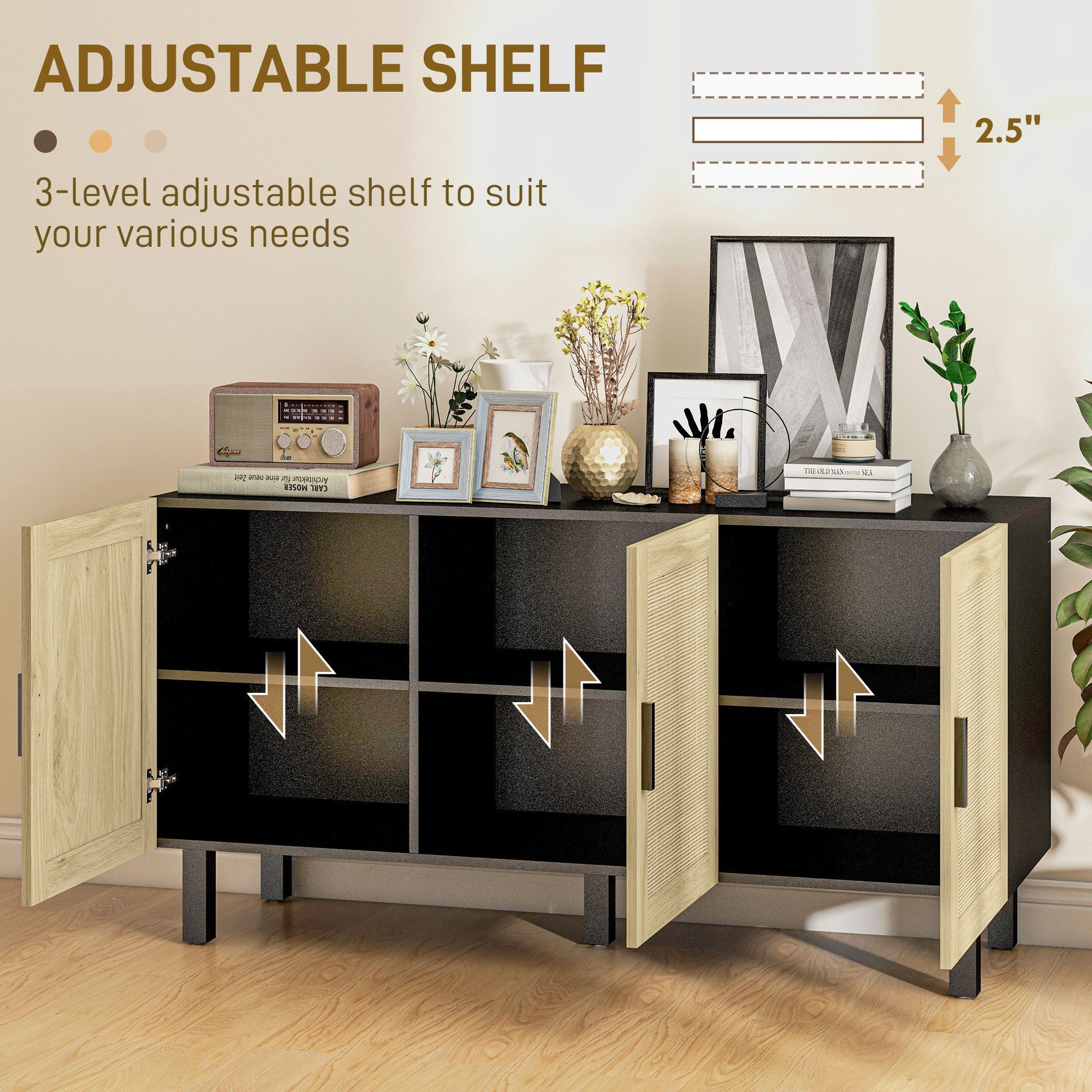 Boho Kitchen Cabinet, Buffet Cabinet with 3 Rattan Doors and Adjustable Shelves for Dining Room, Black and Natural