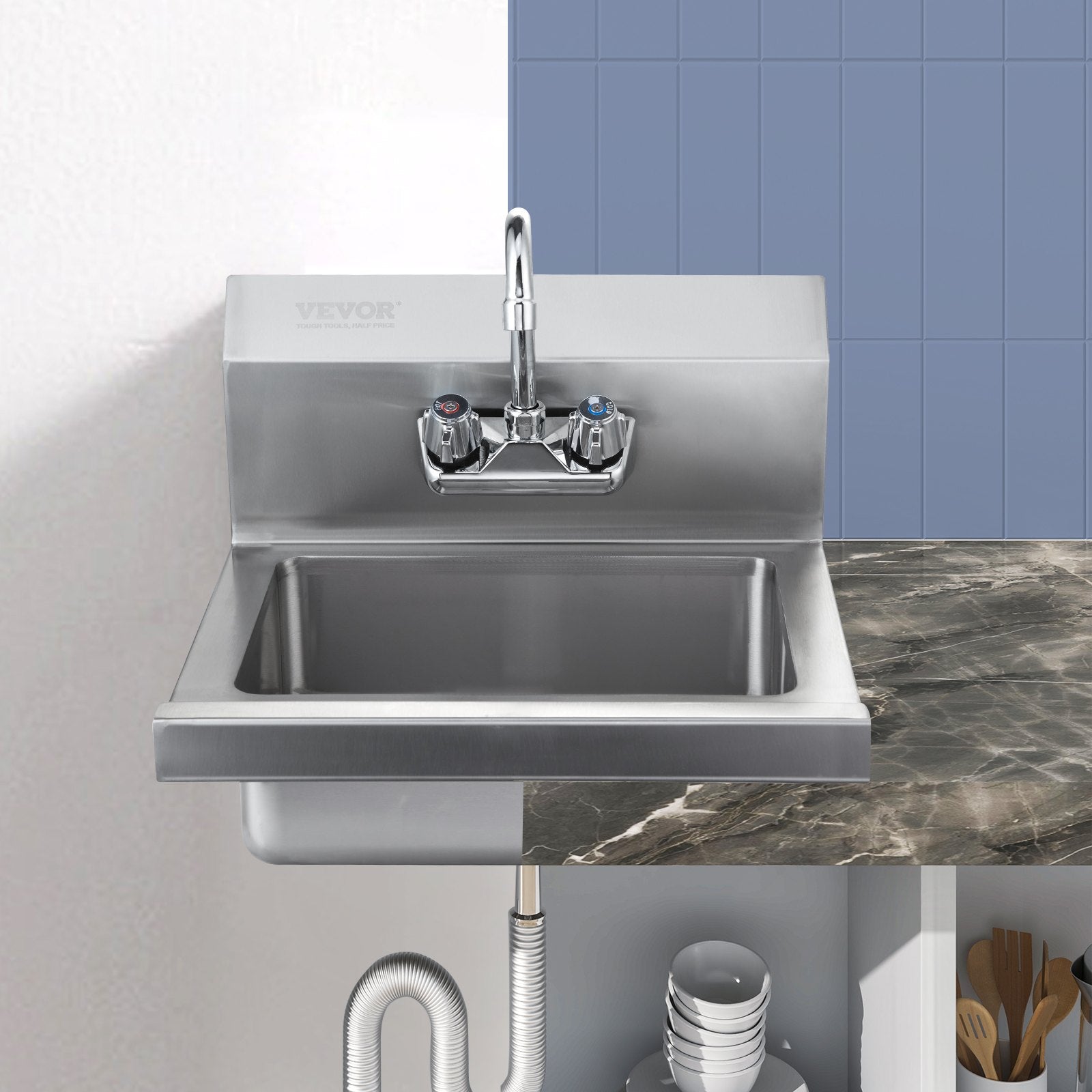 Commercial Hand Sink With Faucet, Stainless Steel Sink For Washing, Small Hand Washing Sink, Wall Mount Hand Basin, Utility Sink For Restaurant, Kitchen, Bar, Garage And Home, 17 X 12.8 Inch