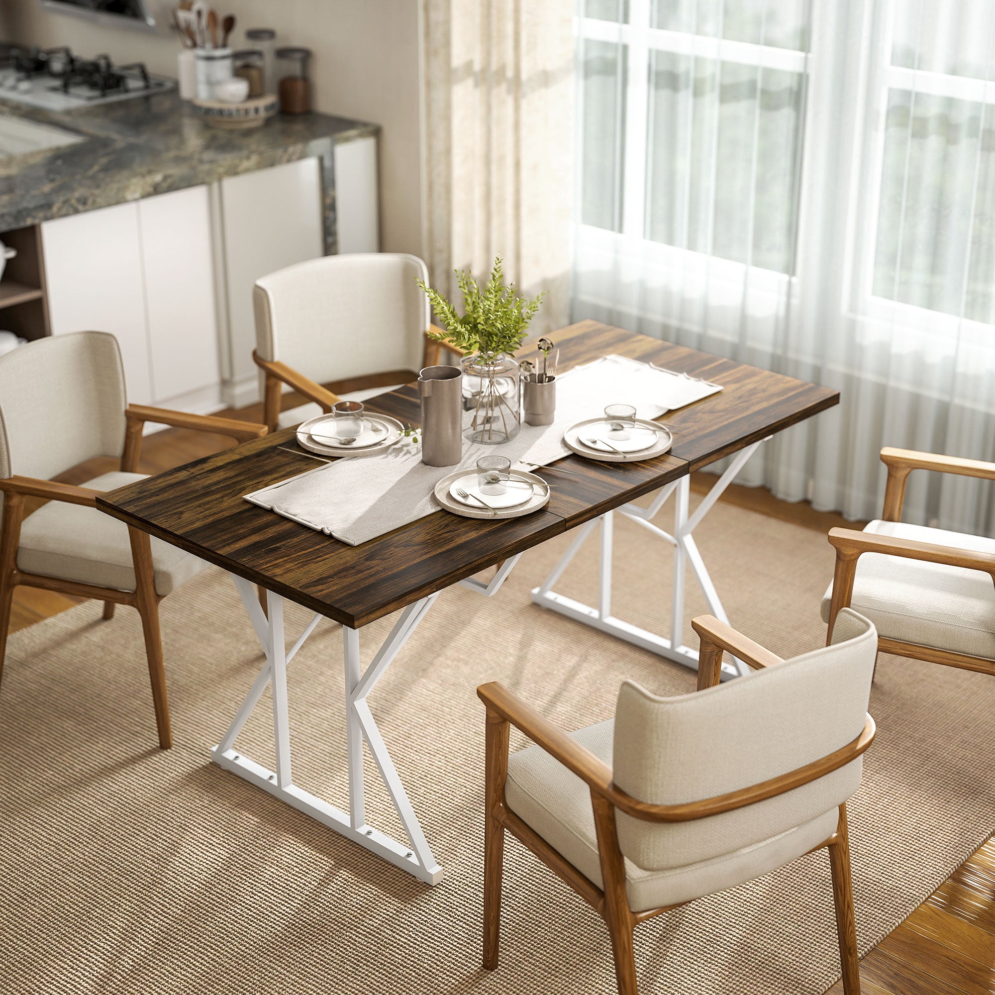 47"-63" Extendable Dining Table for 4-6, Farmhouse Expandable Kitchen Table with Heavy Duty Trestle Base, Brown