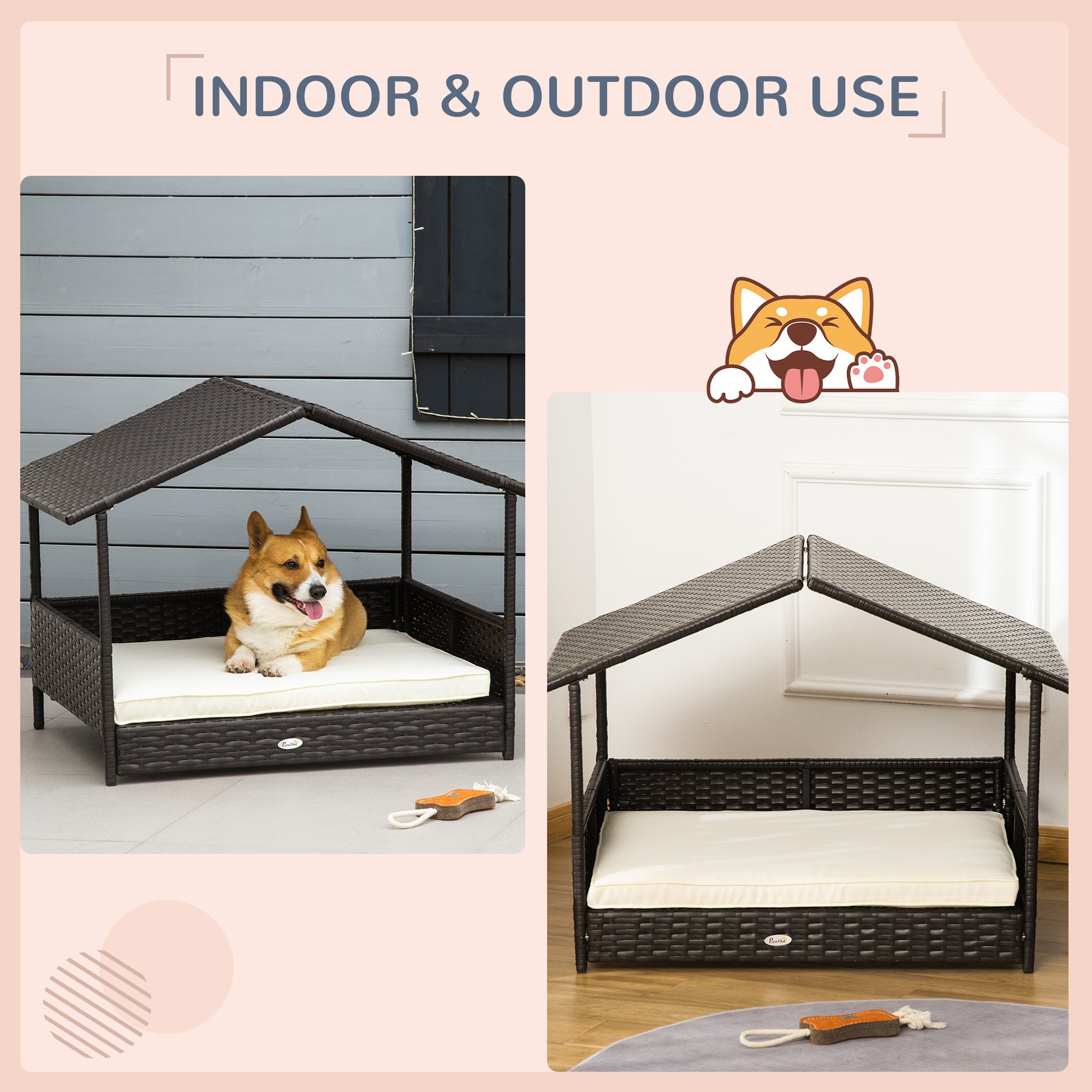 Wicker Dog House Outdoor with Canopy, Rattan Dog Bed with Water-resistant Cushion, Raised Dog Bed for Small, Medium Dogs up to 66 lbs, 19.75" in Length, Brown Wicker, White Cushion