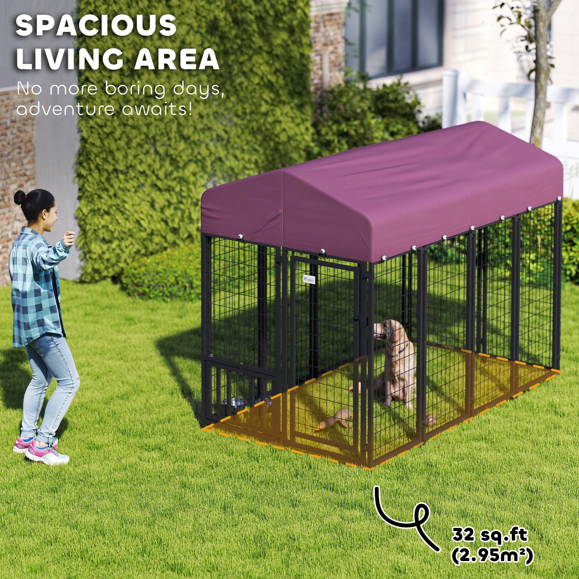 Welded Wire Outdoor Dog Kennel With 360 Rotating & 4 Levels Adjustable Bowls, Waterproof Cover, 7.9 X 4 X 6