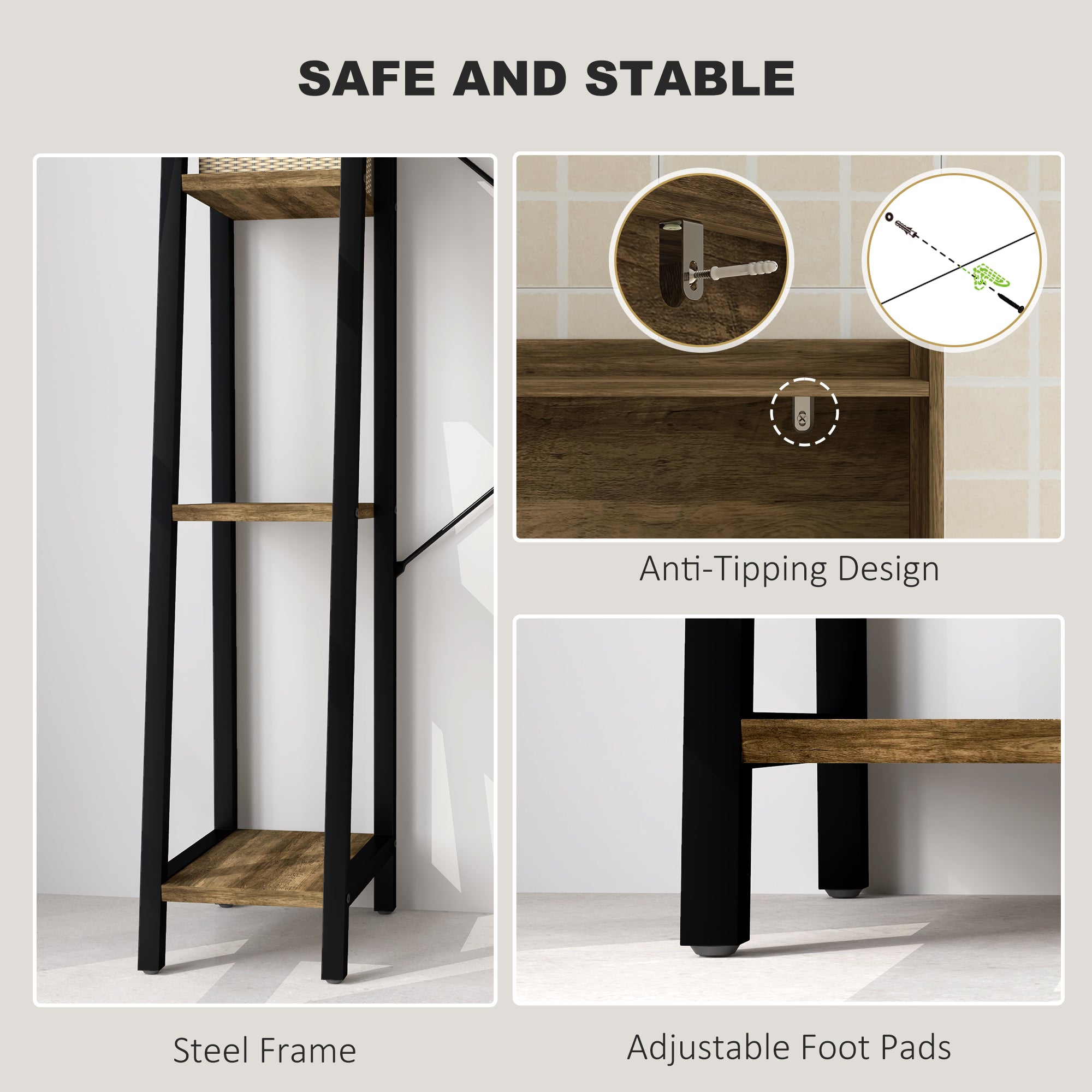 Over the Toilet Storage Cabinet, Over Toilet Bathroom Organizer with 3 Compartments, 4 Open Shelves, Distressed Brown