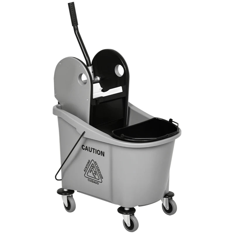 9.5 Gallon 38 Quart Mop Bucket With Wringer Cleaning Cart, 4 Moving Wheels, 2 Separate Buckets, & Mop-Handle Holder, Grey