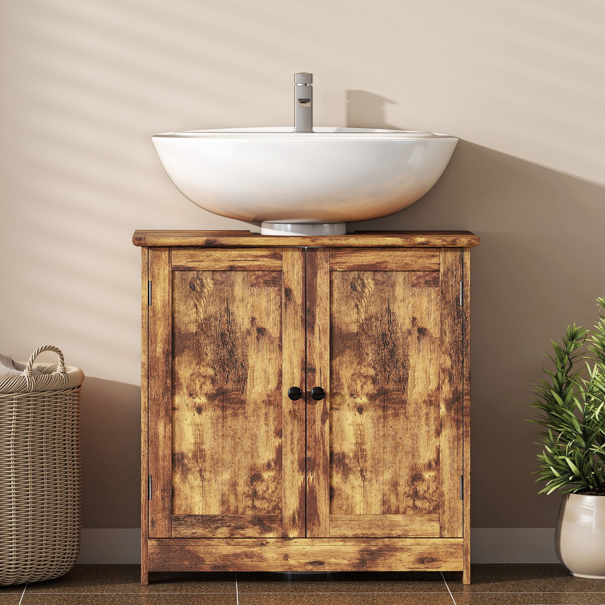 Bathroom Vanity Cabinet, Under Sink Bathroom Cabinet with 2 Doors and Adjustable Shelf, Rustic Brown