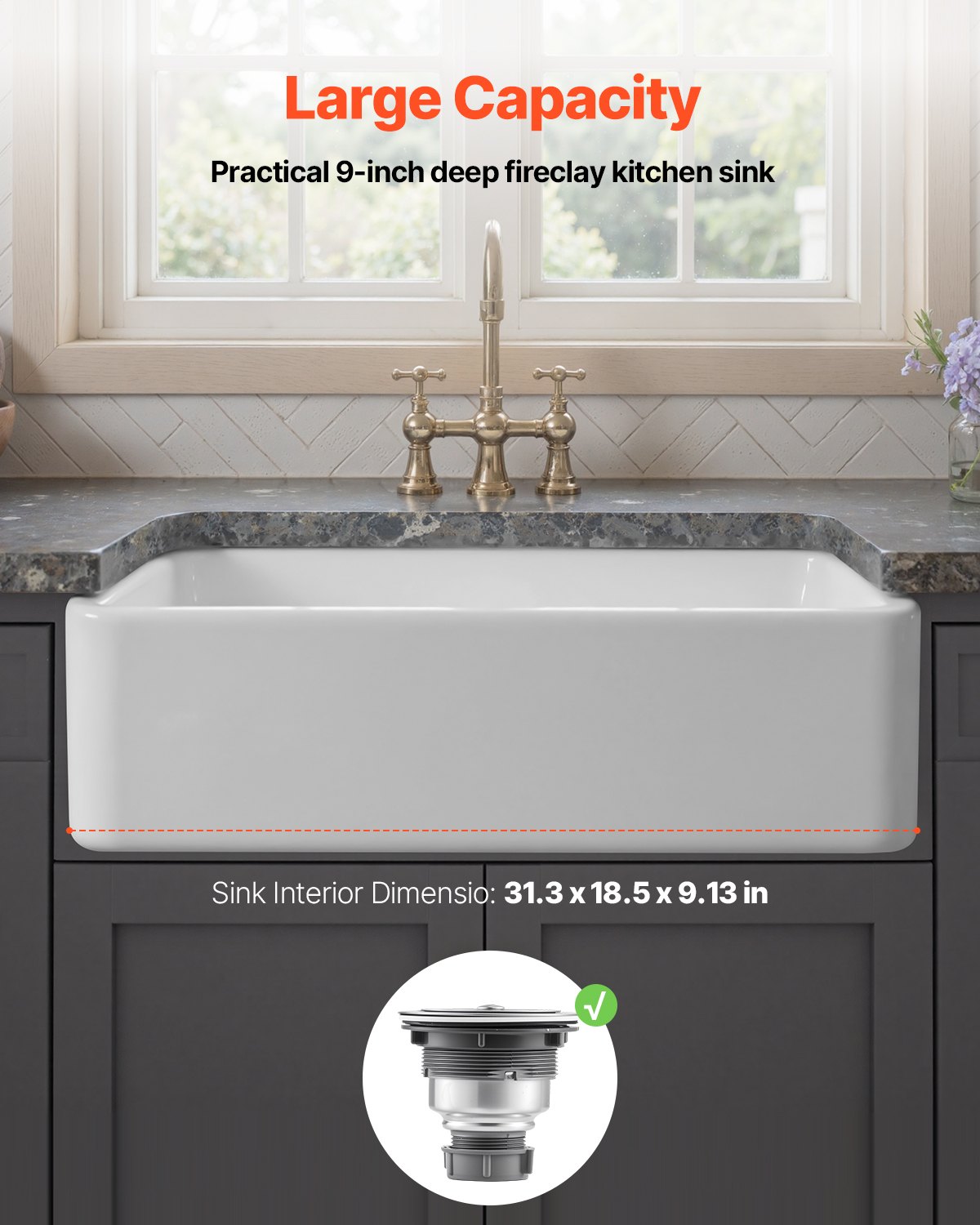 33.5x20 In Farmhouse Sink Undermount Kitchen Single Bowl Basin Fireclay White