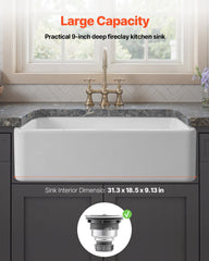 33.5x20 In Farmhouse Sink Undermount Kitchen Single Bowl Basin Fireclay White