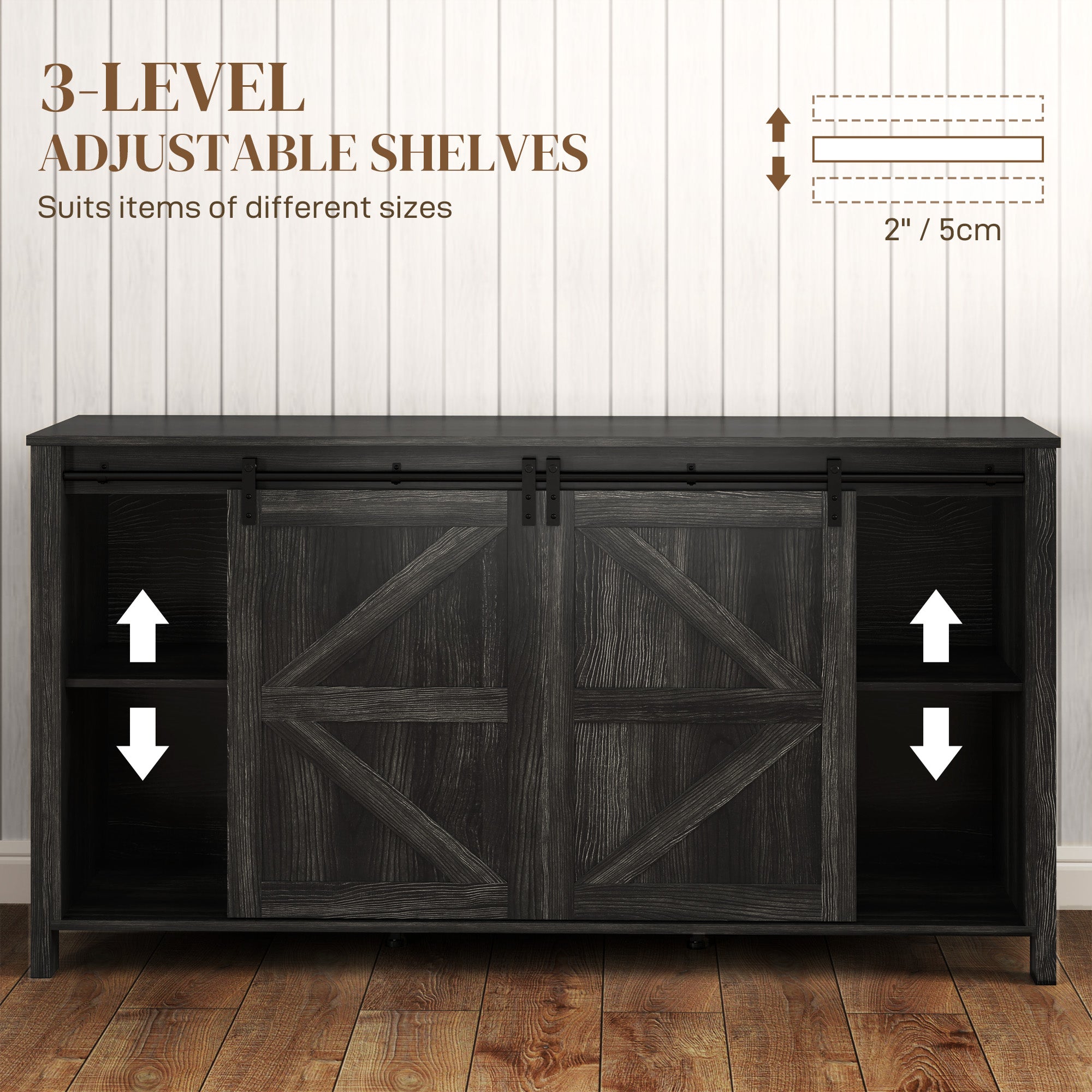 60" Buffet Cabinet, Farmhouse Sideboard with Sliding Barn Doors, Drawers and Adjustable Shelves, Distressed Dark Gray