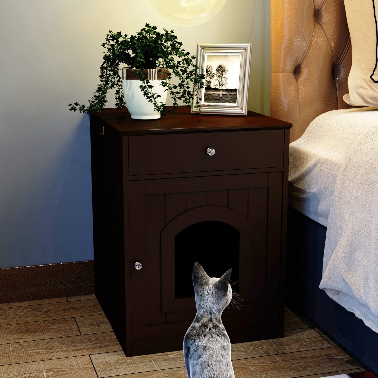 Wooden Pet House Cat Litter Box Enclosure With Drawer & Side Table