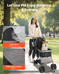 Pet Stroller Foldable 4 Wheels Travel Dog Stroller Reversible Handle Up To 44lbs