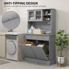 Kitchen Cabinet with Charging Station, 2 Tilt Out Cabinets, Microwave Stand, Freestanding Kitchen Pantry Cabinet, Gray