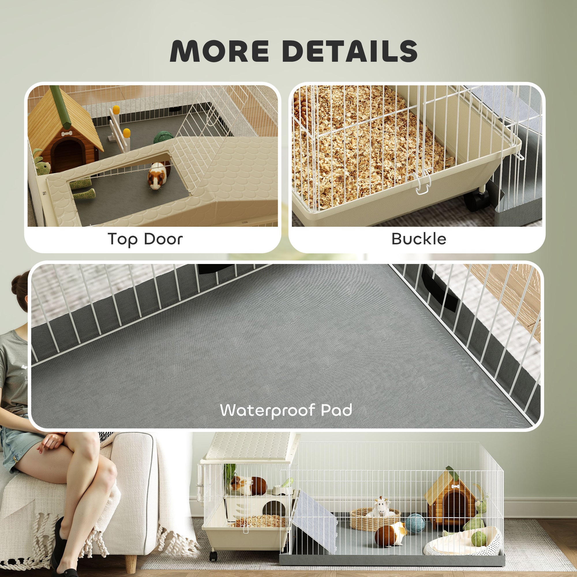 Small Animal Cage with Removable Pet Playpen, Guinea Pig Cage with Waterproof Pad, Hay Feeder, Water Bottle, Food Dish